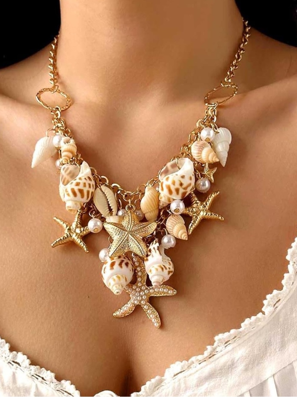 Anthropologie Gold-tone Starfish & Shell Charm Necklace with Cream Shells - Picture 3 of 7
